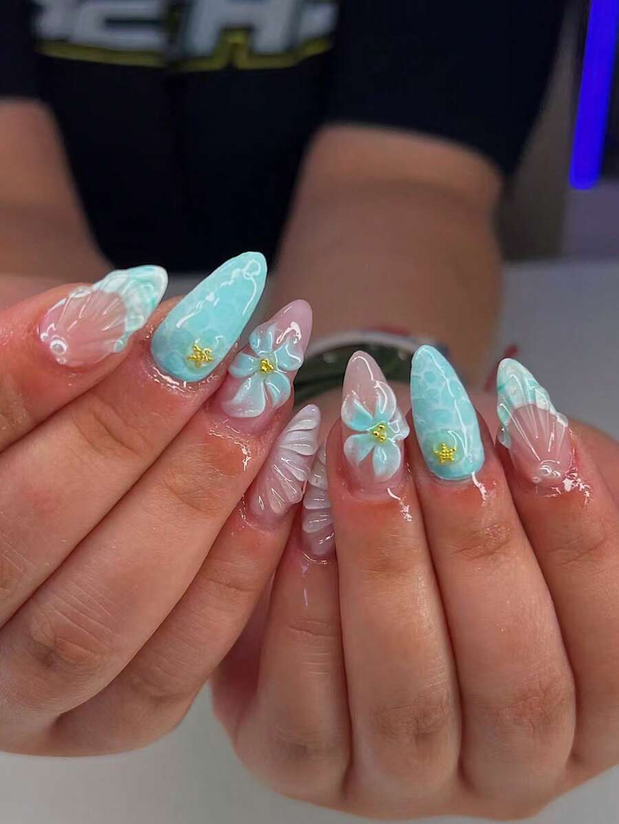 24pcs Long Almond-Shaped 3D Gel Nail Stickers, Ocean & Floral Nail Art, Decorated With Seashells And Pearls, French Tip Design, Short Full Cover Fake Nails Set, Includes: 1pc Jelly Gel And 1pc Nail File - Multicolor - View 1