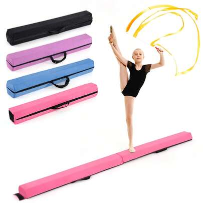 COSTWAY 210 CM Folding Balance Beam, Foam Floor Gymnastic Beam W/Removable Suede Cover & Non-Slip Bottom For Kids, Portable Home Gymnastics Training Equipment W/Carrying Handles For Beginners, Rose