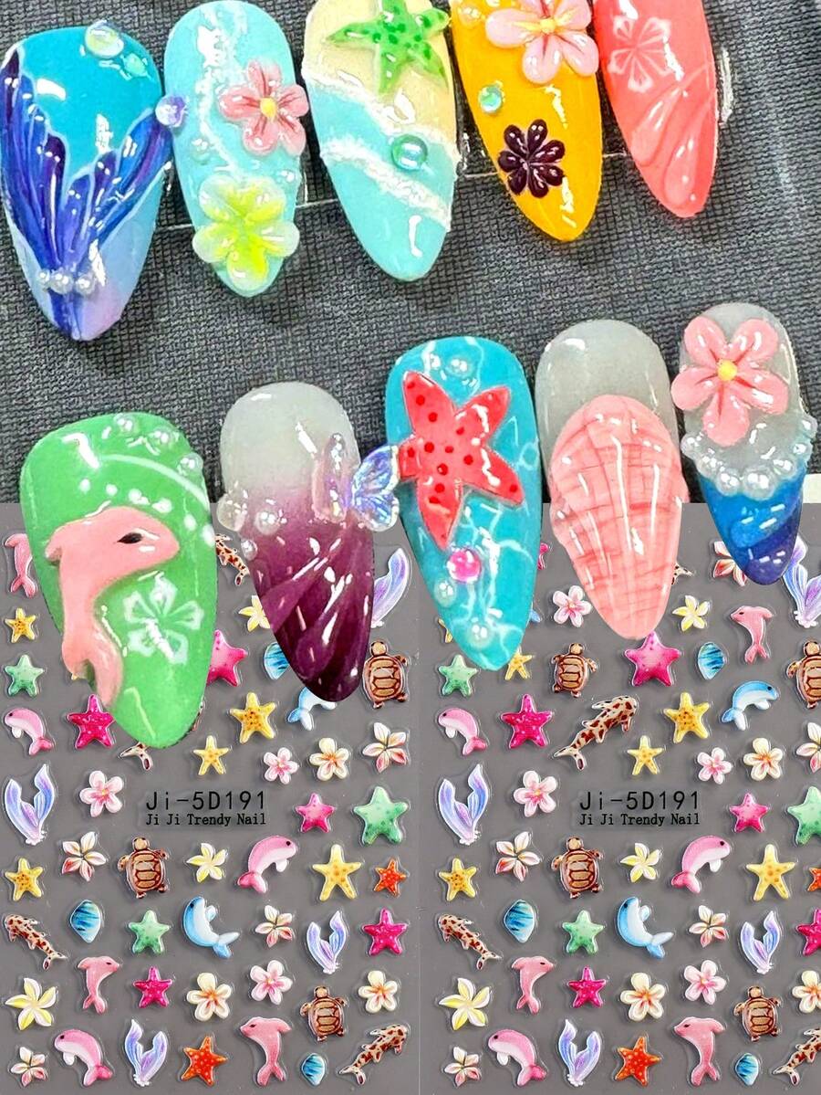 两张5D美甲贴纸,图案包括冰花、海洋主题、芙蓉花,以及花瓣、贝壳和海星的浮雕设计。这些自粘贴纸非常适合可爱风的美甲装饰,是美甲项目的理想之选。 - 彩色 - 查看 1