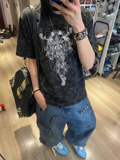 2026夏季新款女式休闲宽松圆领复古哥特风撞色印花短袖T恤，时尚街头风