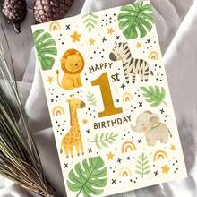 1/3 Sets Cute Animal Theme 1st Birthday Greeting Cards With Envelopes, Featuring Illustrations Of Lion, Giraffe, Zebra, Elephant And Tropical Leaves, Perfect Memento For Friends, Birthday Or Special Celebration - Multicolor - View 7