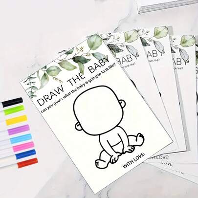 33/58pcs Shower Game Painting, Game Symbols And 25/50pcs Small Cards, Fun Shower Cards, 8pcs Marker Pens, Party Decorations, Gender Reveal Guest Activities, Baby Shower Game