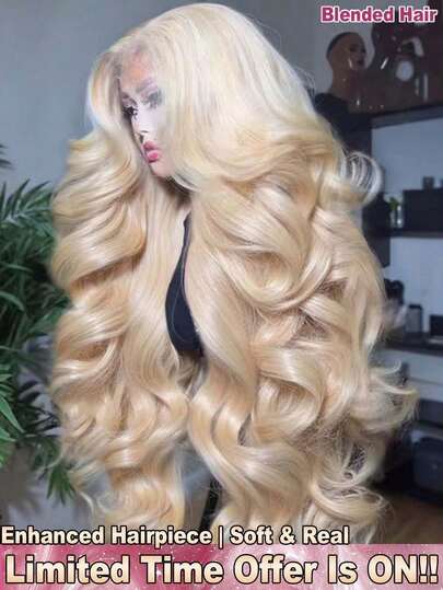 200% 密度 13x4 波浪卷蕾丝前额假发，无需胶水 - #613 金色真发，预漂白，预拔毛，无需胶水，无需技巧，蓬松波浪蕾丝前额假发，女士适用 - 即戴即走，无需熨烫，无需修剪，无需拉扯，巴西原生发，中分假发，前额无胶假发，带婴儿发，适合所有人，混合前额真人发假发，无胶编织假发，女士日常使用