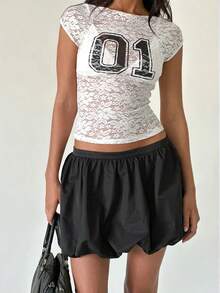 Women's Sheer Lace Tops Cap Sleeve Scoop Neck Solid Color T-Shirts Blouses - White - View 1