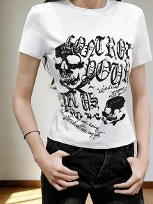 Camiseta de manga corta de cuello redondo, estilo americano "Hot Girl", nuevo estampado de dibujos animados y letras de verano, top corto ajustado casual para mujer - Blanco - Ver 2