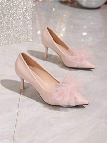 Pointed Toe Elegant Pink High Heels, Women's New Arrival Summer Pointed Toe Low Vamp Thin High Heels, Pearl & Rhinestone Bow Decor, Socialite Party Wedding Formal Shoes, Fashionable Sexy Kitten Heels, Comfortable Versatile Plus Size Business Casual Formal Footwear, Pair With Dresses, Blouses For Outdoor Occasions - Pink - View 3