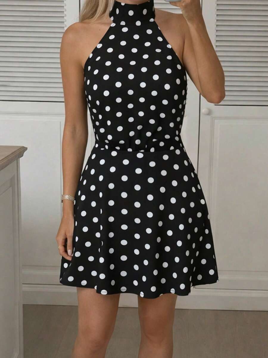 女士波点印花露背吊带优雅派对连衣裙 - 黑色 - 查看 1