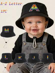 1pc Baby Letter A-Z Design Bucket Hat, Unisex Outdoor Sun Protection Cap, Children Panama Hat Accessory - Black - View 1