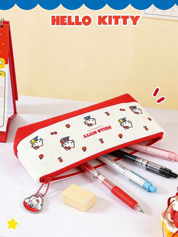 Sanrio Hello Kitty Deluxe Pencil Case Set - Large Capacity Red & White Canvas Zipper Pouch With Cute Cartoon Kitty Embroidery & Apple Patterns, Includes Hello Kitty Keychain Charm, Stylish Stationery Storage Bag For Back To School, Birthdays & Holidays, Must-Have Accessory For Hello Kitty Enthusiasts - Multiple Styles - View 11