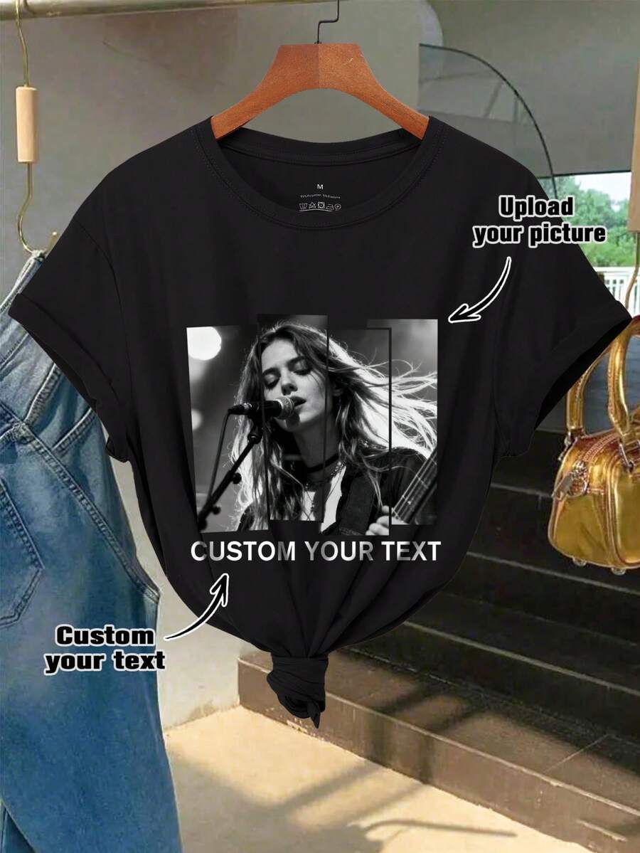 Camiseta Personalizada Feminina, Manga Curta Feminina, Camiseta Feminina, Digite Seu Texto, Slogan, Bênção, Envie Sua Própria Foto (Foto do Amante/Namorado/Namorada, Foto de Animal de Estimação, Foto em Grupo) Para Criar Sua Camiseta Impressa Personalizada, Brincadeira, Presente Surpresa, Roupa Externa Casual Feminina, Esportes e Ar Livre, Roupa Esportiva Feminina, Impressão Flocked, Adequada para Sair/Compras/Festivais/Festas/Reuniões/Viagens - Preto - Visão 1