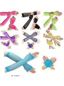 2pcs 1980s Neon Street Party Punk Rhinestone Fishnet Fingerless Gloves, Suitable For Halloween Party, Mother's Day Gift, Ball Dance Hollow Gloves, Party Fishnet Elastic Mesh Gloves, Fashion Neon Fishnet Long Fingerless Gloves - Multicolor - View 10