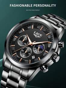 LIGE Men's High-End Watch Waterproof Luminous Quartz Watch Stainless Steel Strap Unique Dial Design Fashionable Men's Watch - Black - View 2