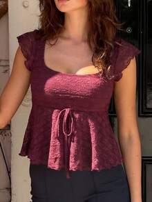 Women's Burgundy Lace Cropped Top | Square Neck Short Sleeve Tie Waist Ruffle Blouse Suitable For Brunch And Everyday Wear Casual Summer - Burgundy - View 3