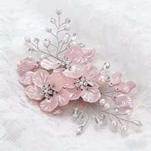 1pc Light Pink Flower & Pearl Handmade Hair Comb Accessory For Women - Pink - View 3