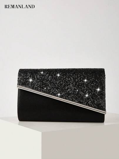REMANLAND Light Luxury And Glamorous Black Clutch With Glitter Velvet Contrast And Silver Metal Trim, Highlighting A Delicate Glitter Panel, Plush Velvet Base And Polished Silver Metal Slant Trim. A Stylish Companion For Cocktail Parties, Social Soirees And Celebrations, Exuding Sophistication And Grace With Timeless Black Elegance. It Is The Best Gift For Women