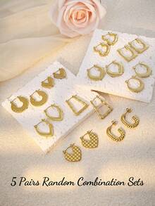 5 Pairs Assorted Earrings Set - Fashionable Luxury Geometric Pearl Earrings, Elegant Stainless Steel Earrings, Personalized Stainless Steel Jewelry, Classic Hoop Texture Earrings, Romantic Geometric Heart Earrings, Gold Earring Set, Retro Jewelry, Summer Beach Vacation Swimwear Accessories, Ideal For Valentine's Day, Birthday, Mother's Day Gifts - Gold - View 11