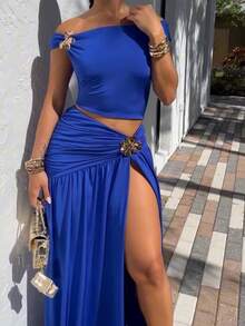 2026 Summer New Sexy Hot Girl Slanted Shoulder Navel Pleated Metal Decoration Beach Vacation Long Skirt Two-Piece Set - 藍色 - 查看 7