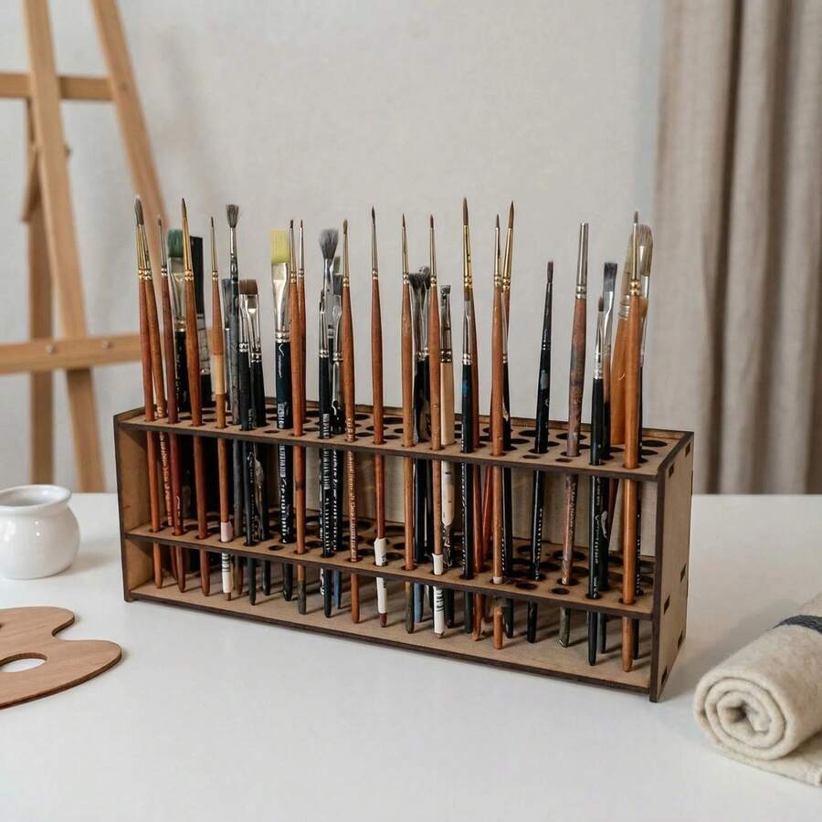 Modern Wooden Paintbrush Rack - 67-Slot Detachable Organizer, Wall-Mountable Art Supply Stand For Home & Studio - 1pc - View 1