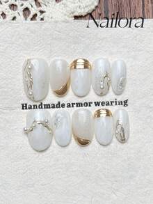 10pcs Handmade Nails Oval Nails Acrylic Press On Nails Short Nails, Minimalism White Nails Gradient, Glitter Powder Handpainted Irregular Lines, Pearl Inlaid, Simple Elegant Luxury Spring Nails, Summer Press On Nail, Versatile Nails DIY False Nail Art Party Daily & Dating Suitable Use In Work Setting Reusable, For Women & Girls As Gift Nail Supplies - White - View 11