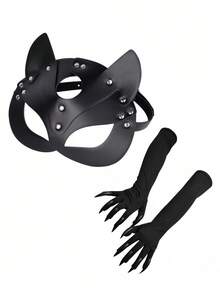 Mặt nạ mèo nửa mặt + Găng tay móng vuốt dài, Phụ kiện trang phục dự tiệc Halloween theo phong cách hộp đêm - Nhiều màu - Xem 2