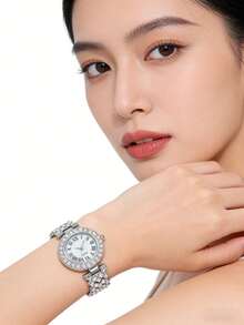 1 pieza Reloj de cuarzo elegante y de moda con números romanos redondos y juego de pulsera para mujer, adecuado para uso diario, regalo de cumpleaños, vuelta al colegio, Acción de Gracias, parejas, mejor regalo (excluyendo la caja de embalaje) - Plateado - Ver 3