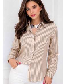 Polyester Dress Shirt With Buttons Down The Front, Striped Dress Shirt, Everyday Summer Style. - 米色 - 查看 4