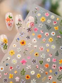 1pc 3D Flower Nail Sticker, Retro Embossed Leaf Sticker, Self-Adhesive Pastoral Style Nail Art DIY Decor Nail Stickers - Multicolor - View 9