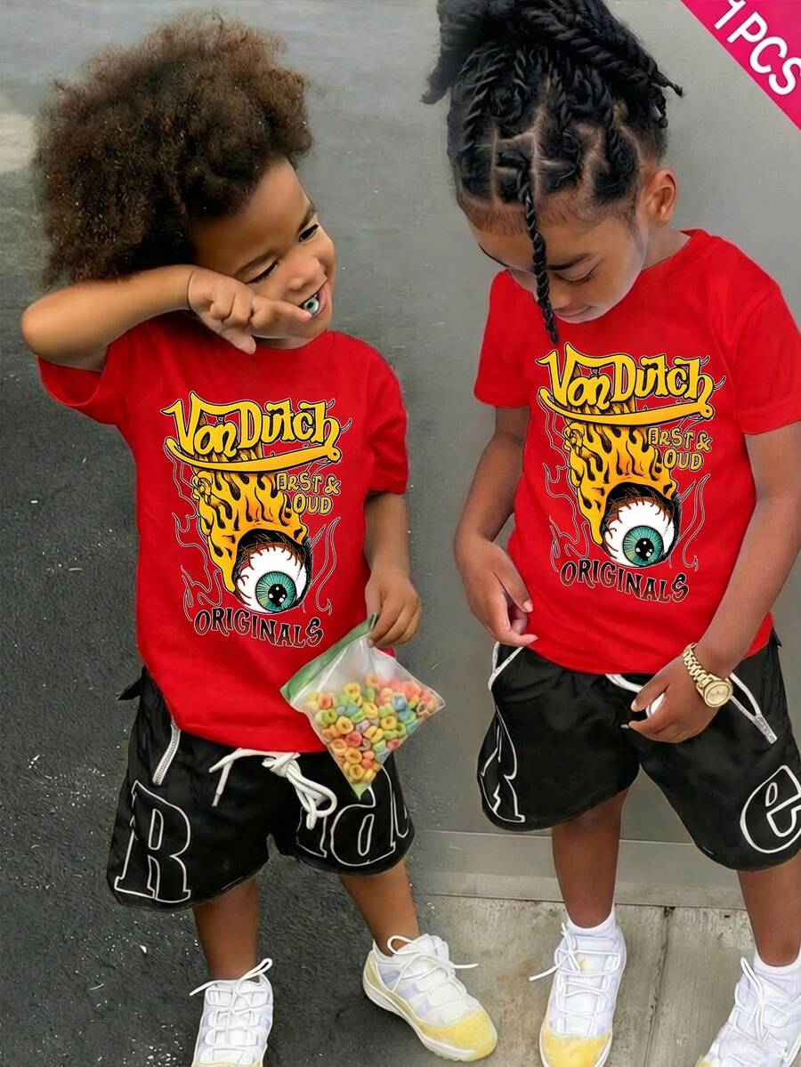 1PC T-Shirt Boys' Cotton Round Neck T-Shirt, Casual And Comfortable Spring And Summer Short-Sleeved Printed Top - 紅色1 - 查看 1