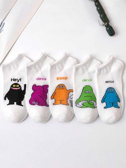 5 Pairs Women Cute Cartoon Monster Short Socks, Suitable For Both Women And Men, Funny Low-Cut Casual Socks, Soft Comfortable Daily Wear With Sneakers, Creative Pattern Socks, Great Gift Choice