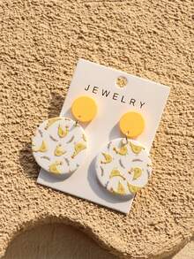 1对女士小鸡印花陶瓷质感可爱圆形亚克力耳环 - 彩色 - 查看 4