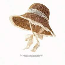 1pc Vacation Style Lace Wide Brim Straw Hat, Handmade Hollow Straw Weaving Craft, Paired With Flowing Organza Ruffle Trim, The Large Brim Design Effectively Blocks Sun And Flatters The Face, Breathable And Cool, Perfectly Suits Beach Lovers, Vacation Goers, Photo Enthusiasts For Summer Beach, Vacation, Commute, Exuding A Gentle Ethereal Vibe, A High-Value Sun Protection Accessory To Elevate Your Outfit.,Holiday,Travel - Multicolor - View 7
