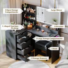 Devoko Corner Dressing Table L-Shape With Mirror, LED Lighting 3 Brightness Levels, Stool, 5 Drawers, Socket And Hairdryer Holder, White/Black - Black - View 3