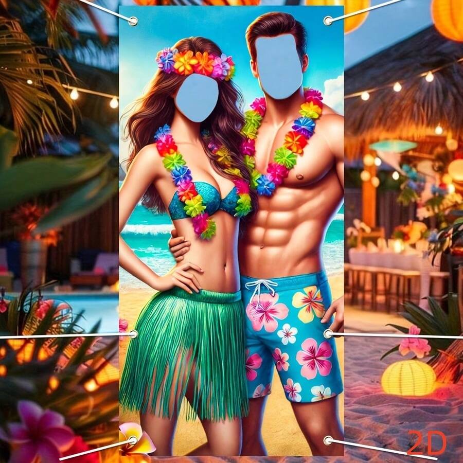 1pc 2D Flat Hawaiian Hula Dance Backdrop Party Photo Prop, Hollow Horizontal Banner, Suitable For Hula Aloha Tiki Theme Decor, Tropical Beach Party Hanging Background, Summer Theme Party Couple Frame, Party Photo Shoot Backdrop Decor - A - View 1