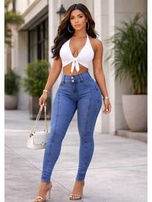 Women's Skinny Jeans, High Waist, Shapes Butt, Premium Line - 藍色0620 - 查看 4