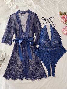 Conjunto de pijama de talla grande con combinación de encaje y mono sexy - Azul Marino - Ver 3