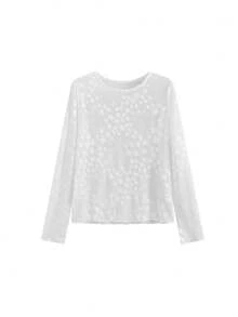 Star Pattern Lace Long Sleeve Undershirt, Versatile Mesh T-Shirt For Summer (Random Star Design) White Casual - White - View 5