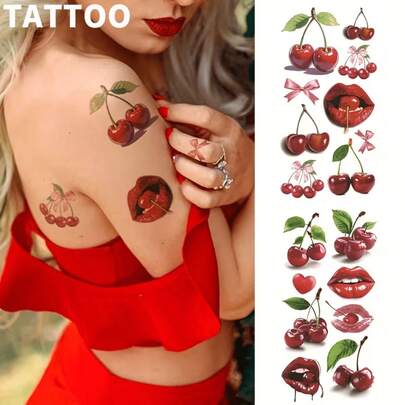 Cherry Red Lip Waterproof Temporary Tattoo Stickers, Pink Bow Lip Print, Vivid Flame Red Pattern, Fruit Party Accessories, Body Art Arm Sleeve Tattoos For Women And Men, Applicable To Neck, Wrist, Face, Shoulder, Abdomen, Leg