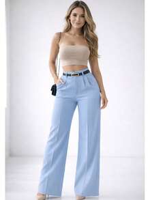 Women's Tailored Wide-Leg Trousers With Belt, High Waist, And Pockets, Elegant Dress Style. - 淺藍色 - 查看 3