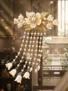 1pc Elegant Retro Style Lily & Tassel Decor Women's Hair Clip, Suitable Hanfu & Qipao, With Flexible Spring, School Stuff, Flower, Vacation Outfits Woman, Hair Accessories - 金色 - 查看 6
