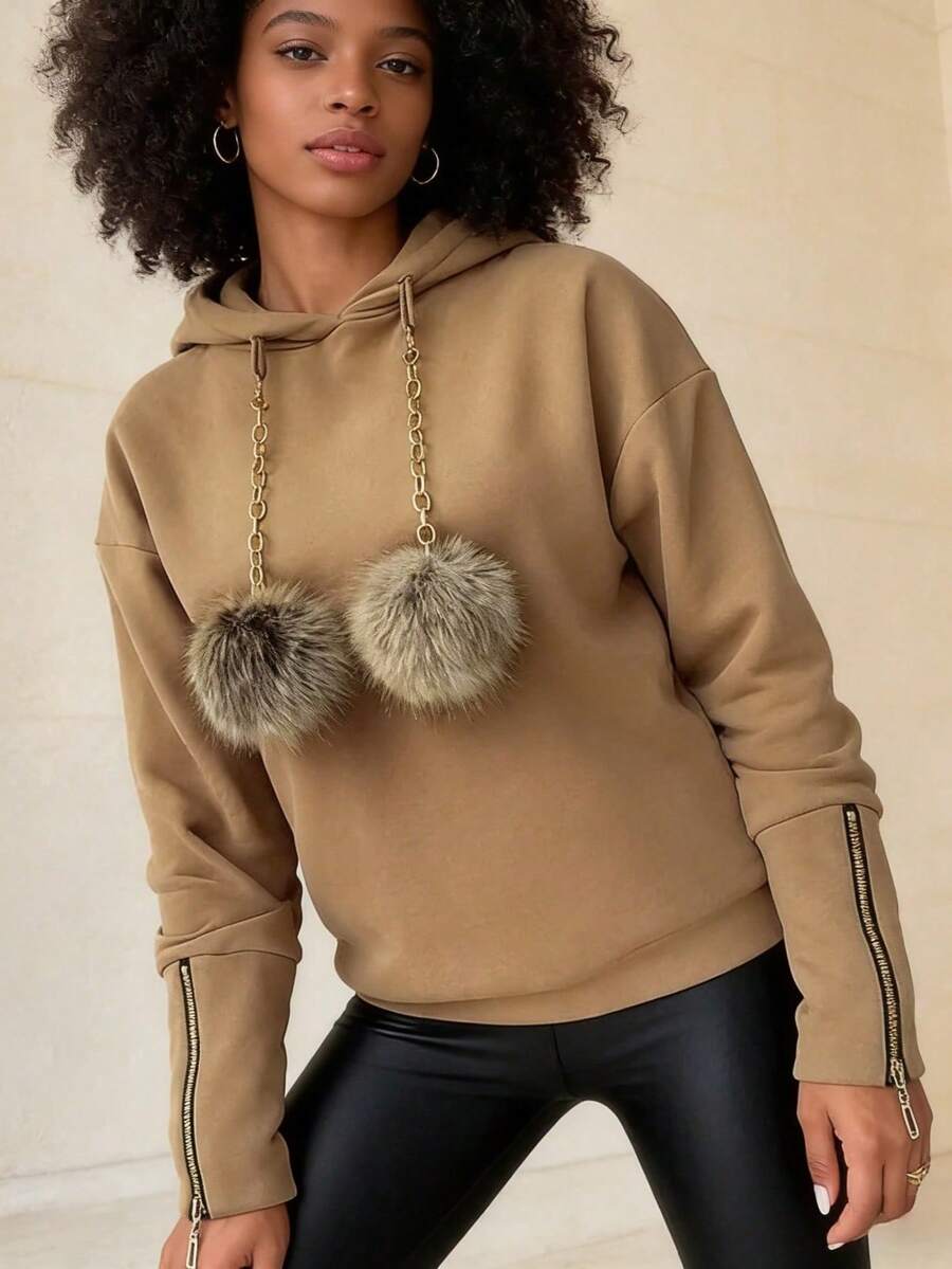 Women's Khaki Hoodie With Pom Pom Drawstring & Sleeve Zipper Detail Oversized Casual Sweatshirt - 棕色 - 查看 1