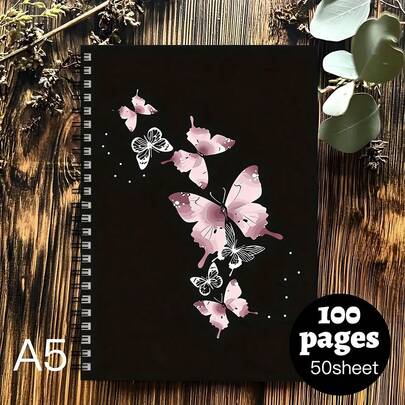 1本精美蝴蝶螺旋笔记本 - 黑色底粉色蝴蝶图案，100页，适合旅行、素描和办公使用 - 送给女性的理想礼物，办公用品，蝴蝶图案，耐用封面