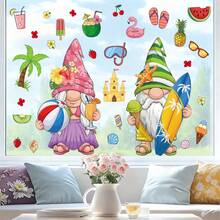 1 Set Of 2 Large Summer Theme Beach Gnome Window Clings, Includes Coconut Tree, Pineapple, Watermelon, Surfboard, Beach Ball Patterns, Removable Static Cling For Bedroom, Living Room, Balcony And Display Window Decoration - Surf - View 3