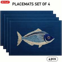 4pcs 2D Flat Fish Pattern Embroidery Style Placemats, Blue Linen Table Mats, Modern Art, Suitable For Kitchen Table Decor, Holiday Decor, Daily Use, Parties, Birthdays, Weddings, Dinner Parties, For Kitchen, Cafe, Restaurant, And Home Decor, 2D Flat - 12x18inch - View 12