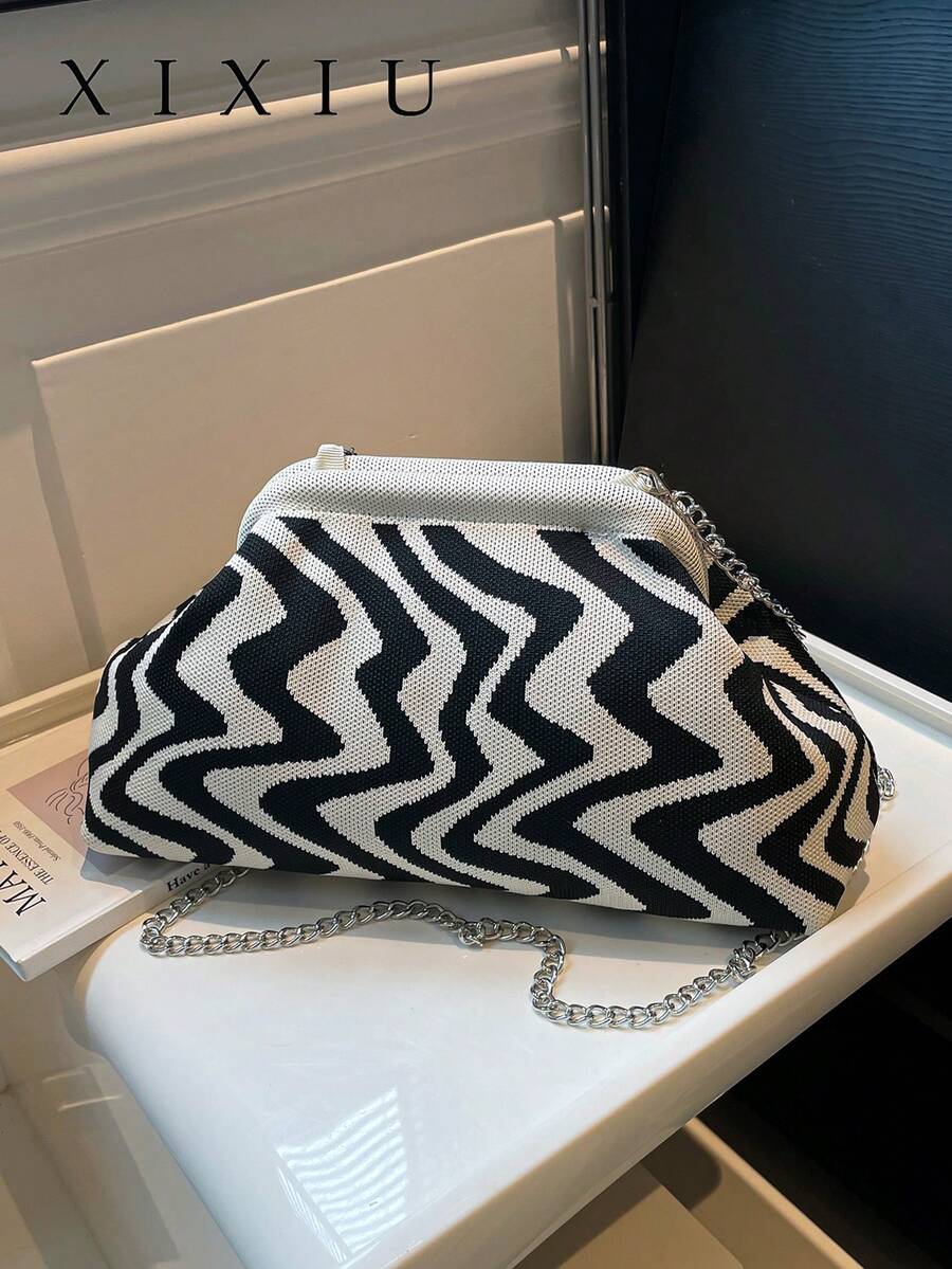 Bolso de hombro de mujer con patrón ondulado de bloques de color sofisticado, de estilo dulce y fresco, a la moda y versátil, perfecto para ir de compras o para el trabajo