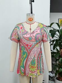 Women Boho Paisley Print V Neck Short Sleeve T-Shirt, Casual Loose Fit Vintage Tee Top, Bohemian Summer Daily Wear Blouse For Vacation - Multicolor - View 6
