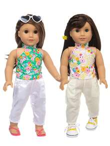 16-18英寸儿童娃娃服装套装，夏季沙滩风翻领上衣，时尚长裤，蒲公英元素，娃娃服装，适合3岁以上儿童，节日和生日礼物（不含娃娃和鞋子） - 彩色 - 查看 2
