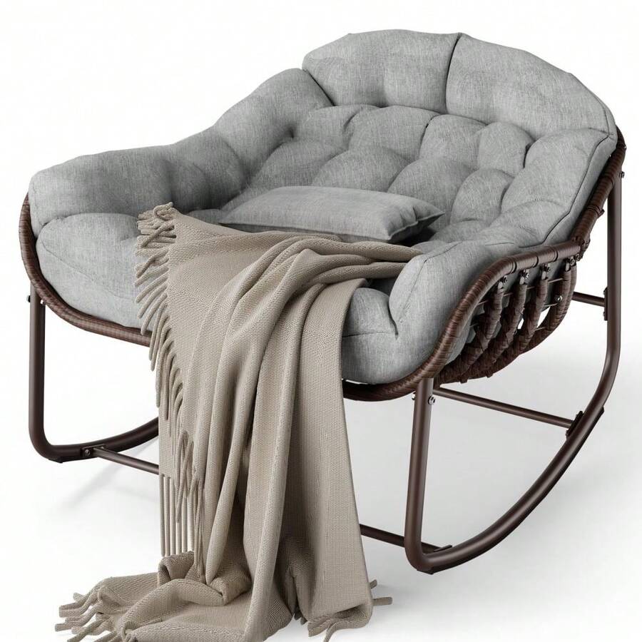 Mecedora de exterior extra ancha con forma de huevo: asiento espacioso y cómodo, cojín grueso e impermeable, estructura metálica robusta, ideal para patios, balcones, porches o jardines. - Gris-B - Ver 1