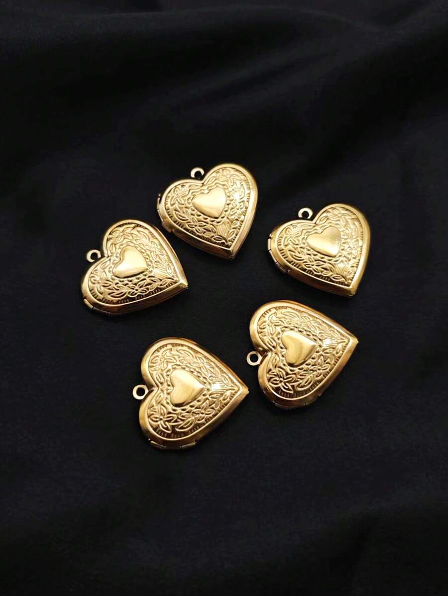 5pcs Stainless Steel Heart-Shaped Photo Locket Pendant, Unique Gift For Friends, Family, Mom, Grandma, Wife On Birthday, Anniversary, Suitable For Autumn, Casual, Retro, Personalized, Daily Wear, Party, Mother's Day, Valentine's Day, Graduation, Wedding - Yellow Gold - View 1