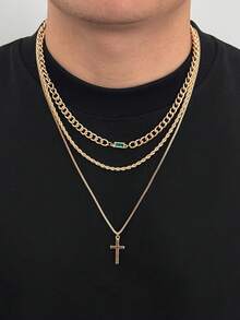 Bộ 3 dây chuyền mặt hình thánh giá phong cách Rock & Hip Hop cổ điển, dây bện đính đá acrylic hình học, thiết kế Gothic Punk, phong cách tối giản thường ngày, phong cách đường phố, thích hợp cho ngày lễ, tiệc tùng, đeo hàng ngày, quà tặng thời trang unisex. - vòng cổ - Xem 2