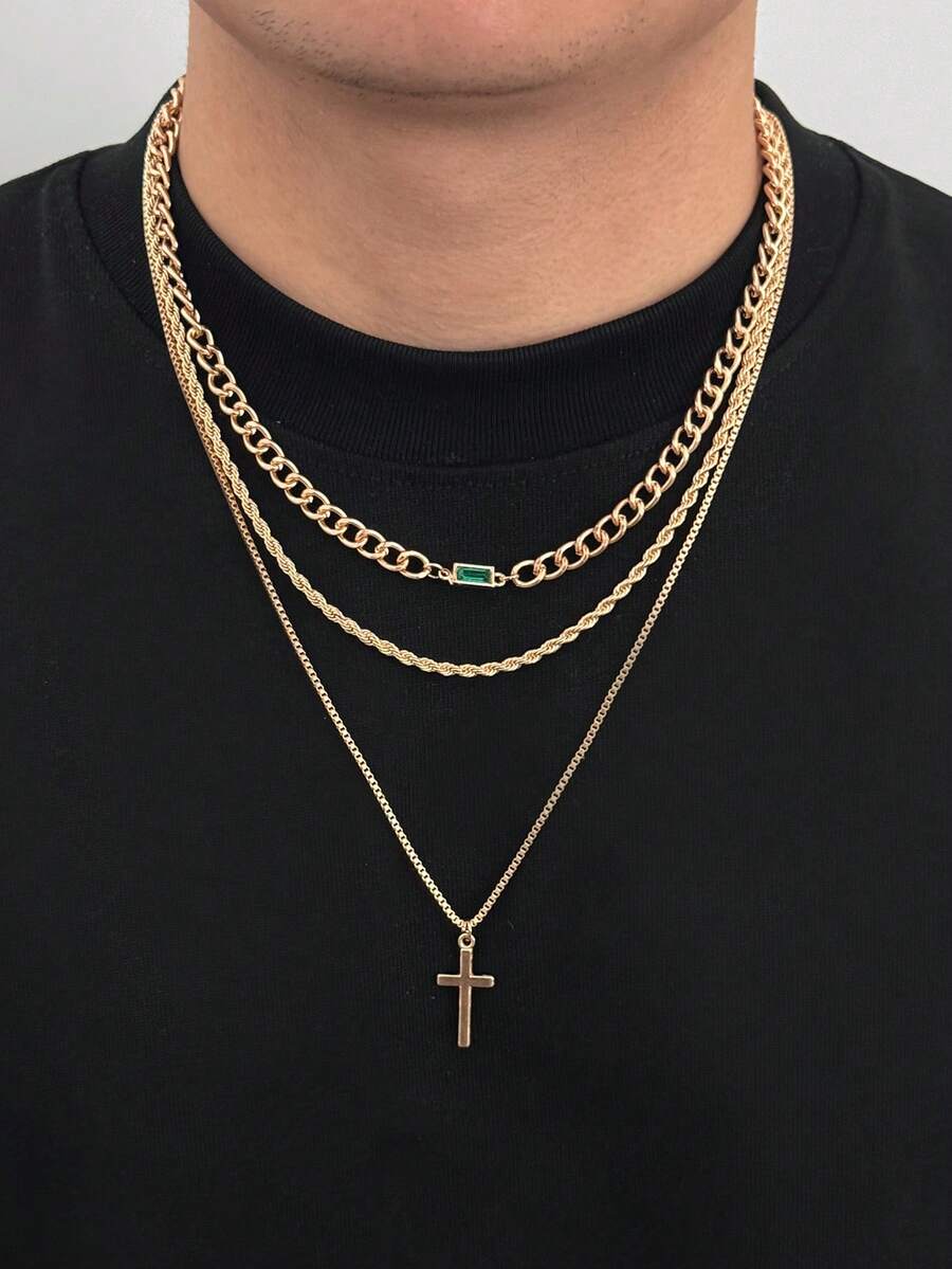 Bộ 3 dây chuyền mặt hình thánh giá phong cách Rock & Hip Hop cổ điển, dây bện đính đá acrylic hình học, thiết kế Gothic Punk, phong cách tối giản thường ngày, phong cách đường phố, thích hợp cho ngày lễ, tiệc tùng, đeo hàng ngày, quà tặng thời trang unisex.